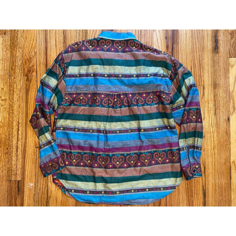Angelique Imp NYC boho cotton metallic India made colorful mixed print shirt M - Picture 5 of 6